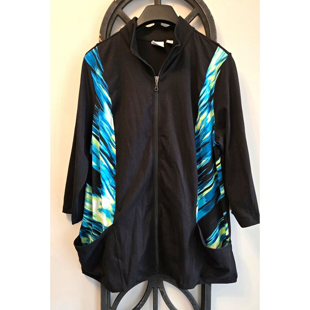 Weekends by Chico’s Women’s Track Jacket XL Black Abstract Panels Full Zip